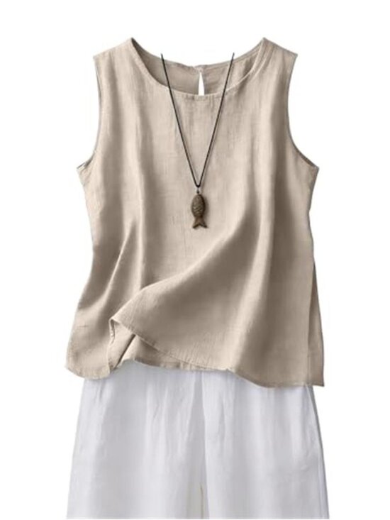 Tops - Summer Beige Soft Linen Blend Sleeveless tank Top